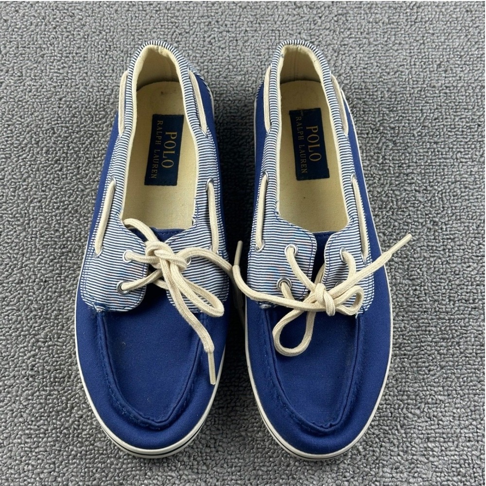 Polo Ralph Lauren Devin Boat Shoes 7.5B Blue Pinstripe Striped‎ Canvas Low Top